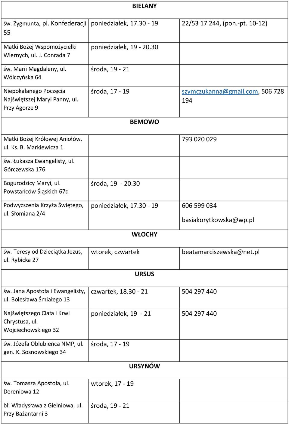 Łukasza Ewangelisty, ul. Górczewska 176 Bogurodzicy Maryi, ul. Powstańców Śląskich 67d Podwyższenia Krzyża Świętego, ul. Słomiana 2/4 środa, 19-20.30 poniedziałek, 17.