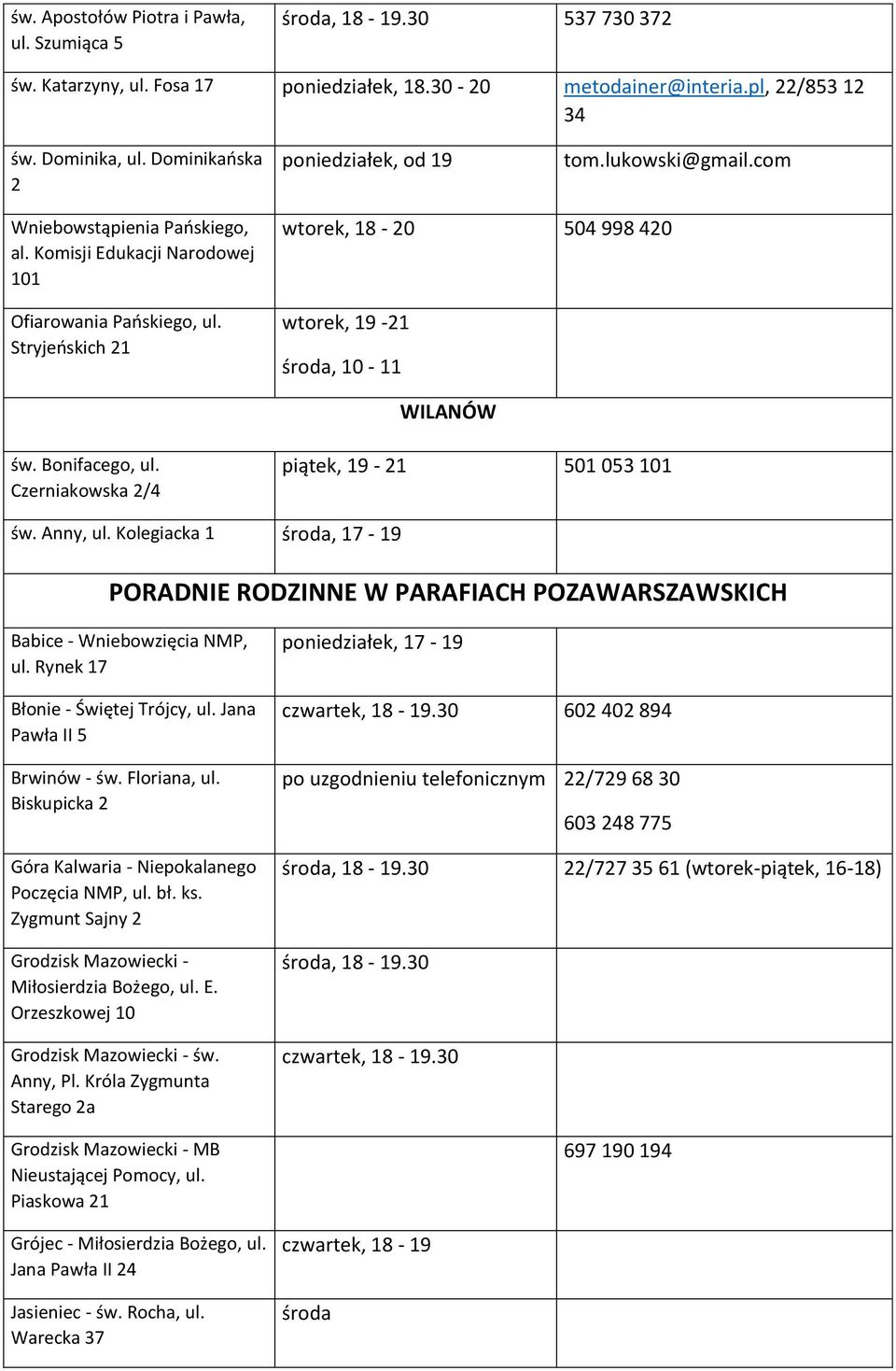 Stryjeńskich 21 wtorek, 18-20 504 998 420 wtorek, 19-21 środa, 10-11 WILANÓW św. Bonifacego, ul. Czerniakowska 2/4 piątek, 19-21 501 053 101 św. Anny, ul.