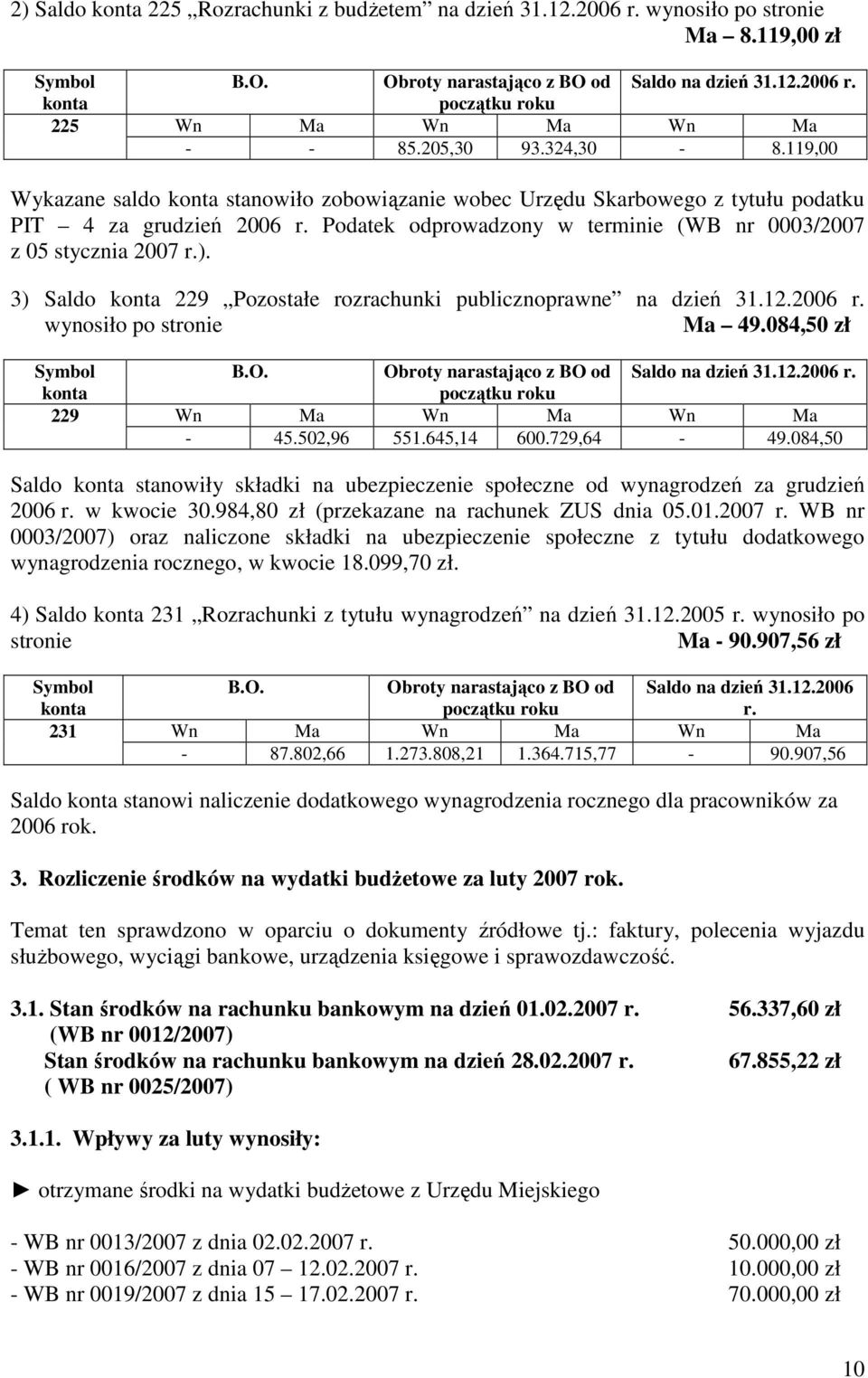 3) Saldo 229 Pozostałe rozrachunki publicznoprawne na dzień 31.12.2006 r. wynosiło po stronie Ma 49.084,50 zł 229 B.O. Obroty narastająco z BO od Saldo na dzień 31.12.2006 r. - 45.502,96 551.