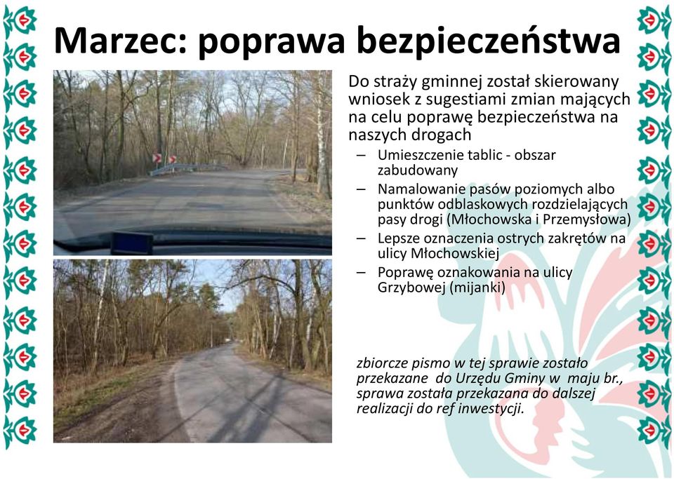 (Młochowska i Przemysłowa) Lepsze oznaczenia ostrych zakrętów na ulicy Młochowskiej Poprawę oznakowania na ulicy Grzybowej (mijanki)