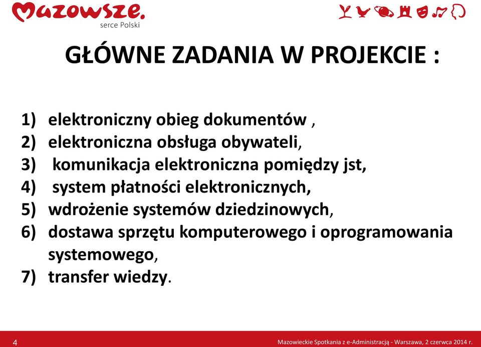 5) wdrożenie systemów dziedzinowych, 6) dostawa sprzętu komputerowego i oprogramowania