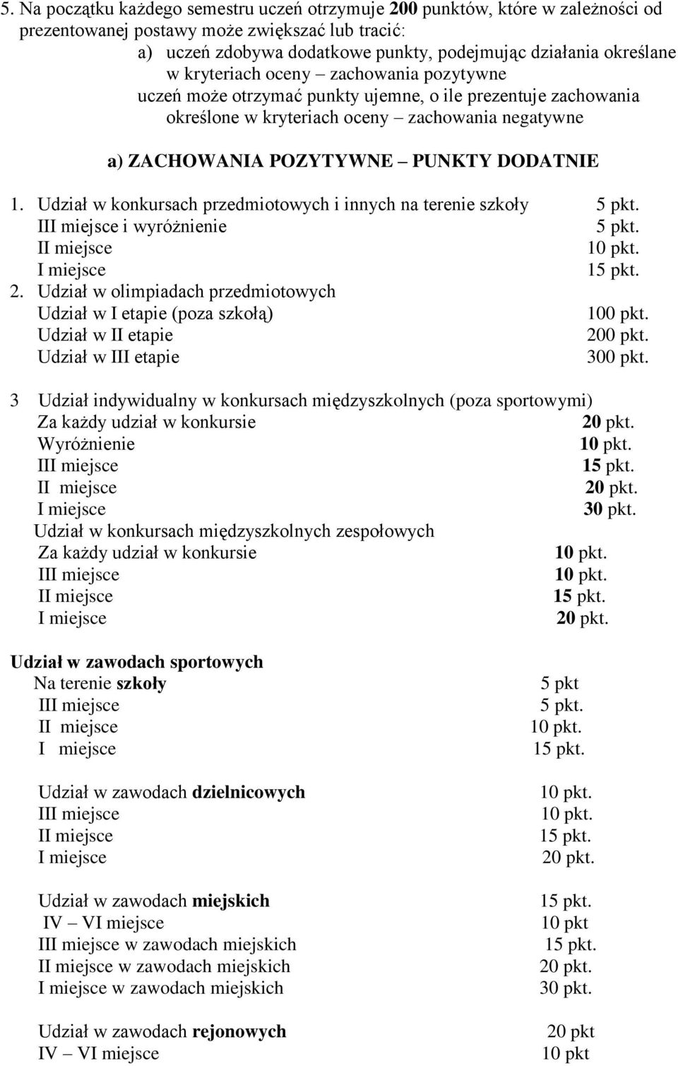 Udział w konkursach przedmiotowych i innych na terenie szkoły 5 pkt. III miejsce i wyróżnienie 5 pkt. II miejsce 10 pkt. I miejsce 15 pkt. 2.