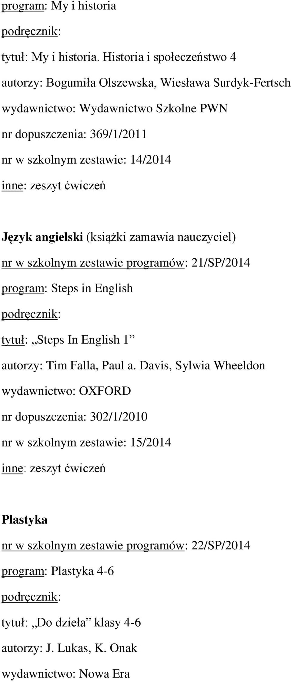 zestawie: 14/2014 inne: zeszyt ćwiczeń Język angielski (książki zamawia nauczyciel) nr w szkolnym zestawie programów: 21/SP/2014 program: Steps in English tytuł: