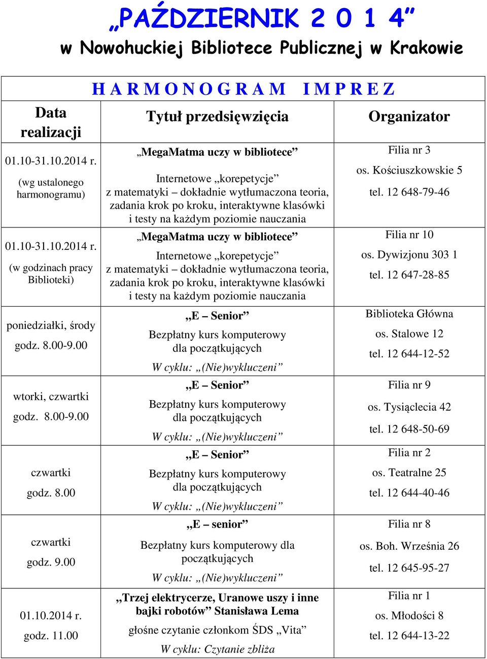 00 PAŹDZIERNIK 2 0 1 4 w Nowohuckiej Bibliotece Publicznej w Krakowie H A R M O N O G R A M Tytuł przedsięwzięcia MegaMatma uczy w bibliotece Internetowe korepetycje z matematyki dokładnie