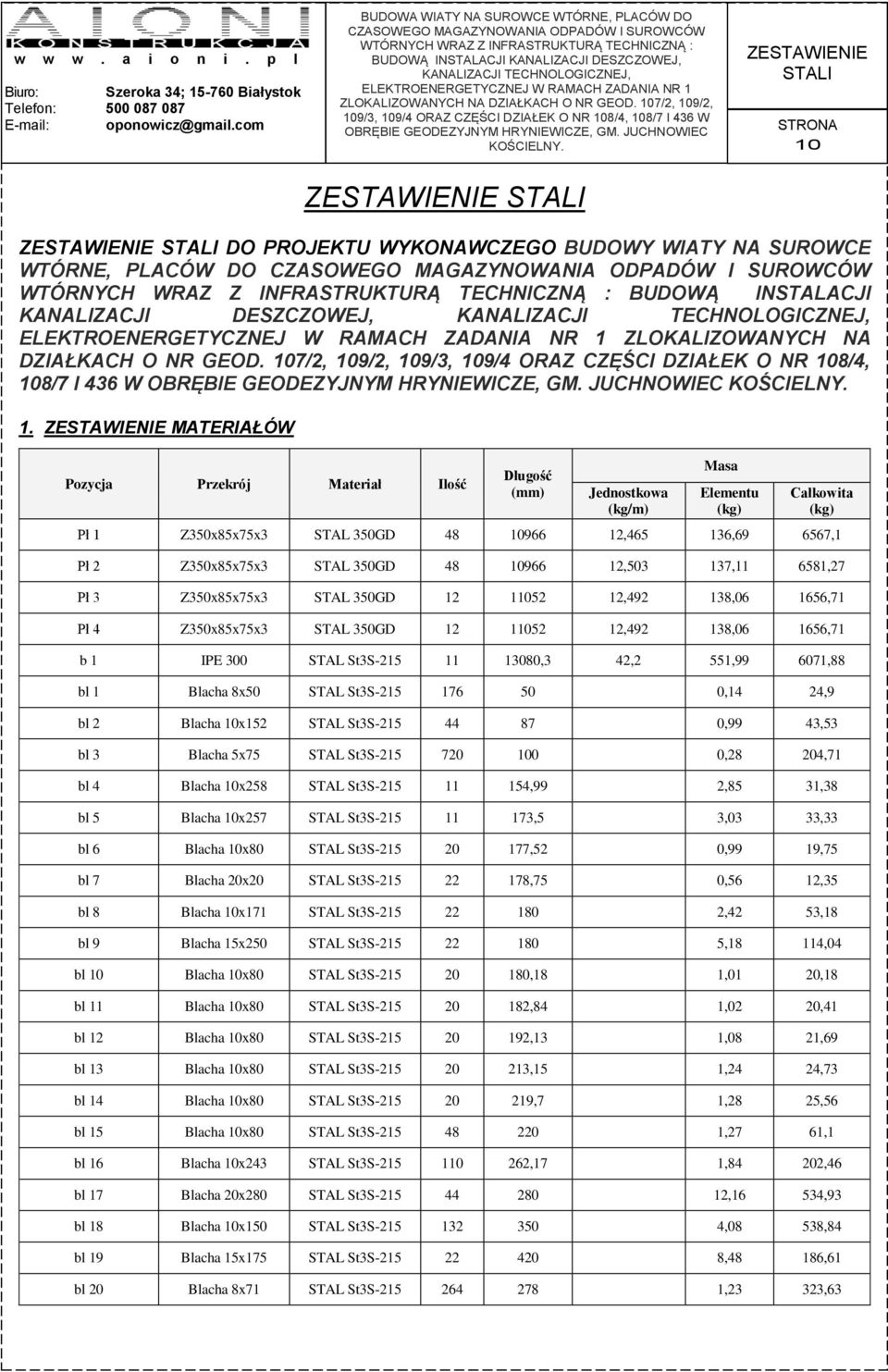 ZESTAWIENIE MATERIAŁÓW Pozycja Przekrój Materiał Ilość Długość (mm) Jednostkowa (kg/m) Masa Elementu (kg) Całkowita (kg) Pł 1 Z350x85x75x3 350GD 48 10966 12,465 136,69 6567,1 Pł 2 Z350x85x75x3 350GD