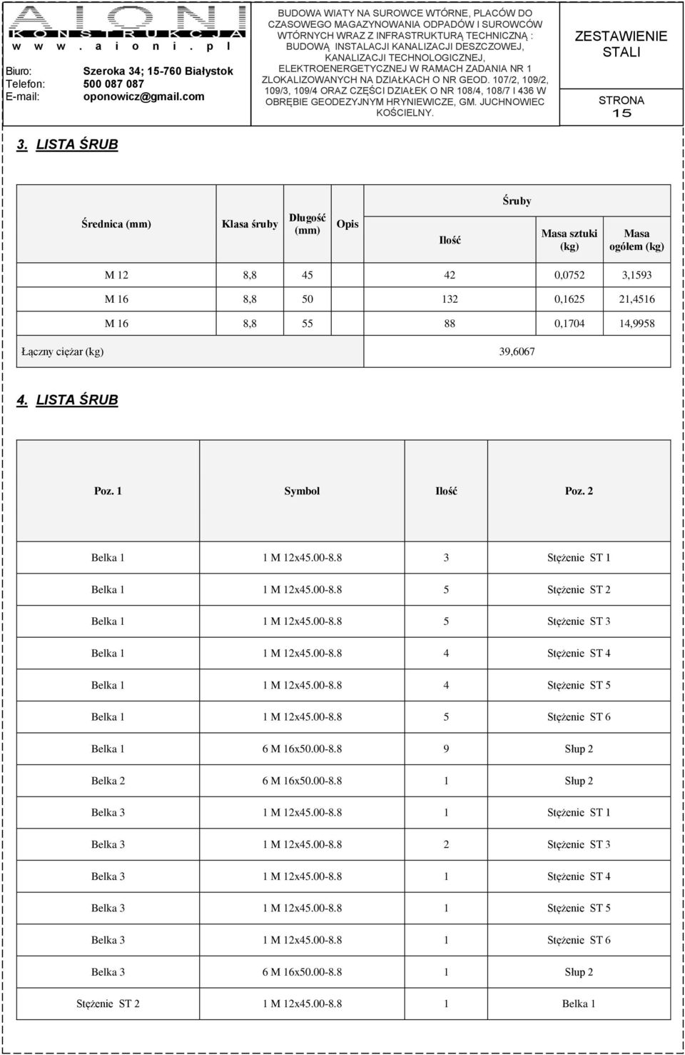 00-8.8 5 Stężenie ST 3 Belka 1 1 M 12x45.00-8.8 4 Stężenie ST 4 Belka 1 1 M 12x45.00-8.8 4 Stężenie ST 5 Belka 1 1 M 12x45.00-8.8 5 Stężenie ST 6 Belka 1 6 M 16x50.00-8.8 9 Słup 2 Belka 2 6 M 16x50.