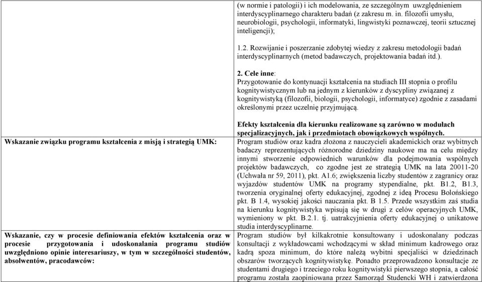 Cele inne: Przygotowanie do kontynuacji kształcenia na studiach III stopnia o profilu kognitywistycznym lub na jednym z kierunków z dyscypliny związanej z kognitywistyką (filozofii, biologii,