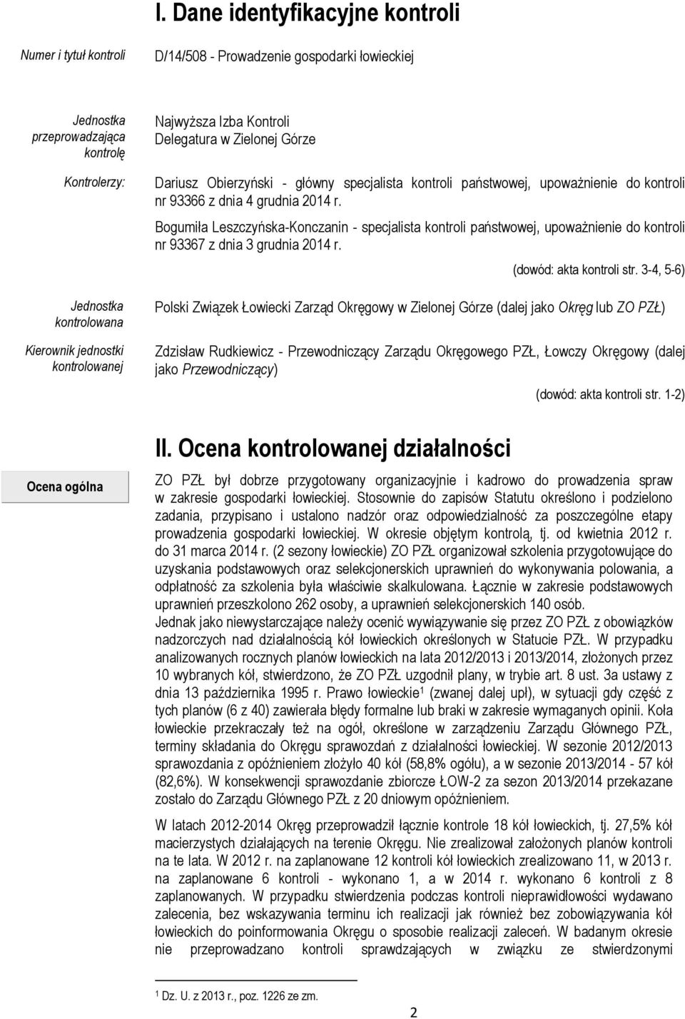 Bogumiła Leszczyńska-Konczanin - specjalista kontroli państwowej, upoważnienie do kontroli nr 93367 z dnia 3 grudnia 2014 r. (dowód: akta kontroli str.
