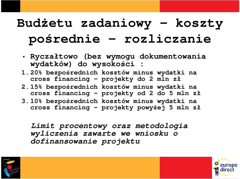 15% bezpośrednich kosztów minus wydatki na cross financing projekty od 2 do 5 mln zł 3.