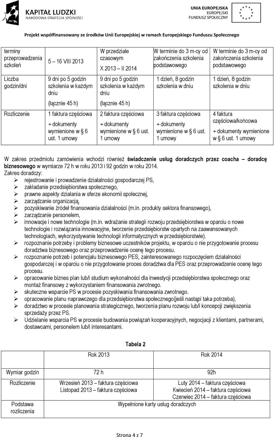h) Rozliczenie 1 faktura częściowa + dokumenty wymienione w 6 ust. 1 umowy faktura częściowa + dokumenty wymienione w 6 ust. 1 umowy 3 faktura częściowa + dokumenty wymienione w 6 ust.