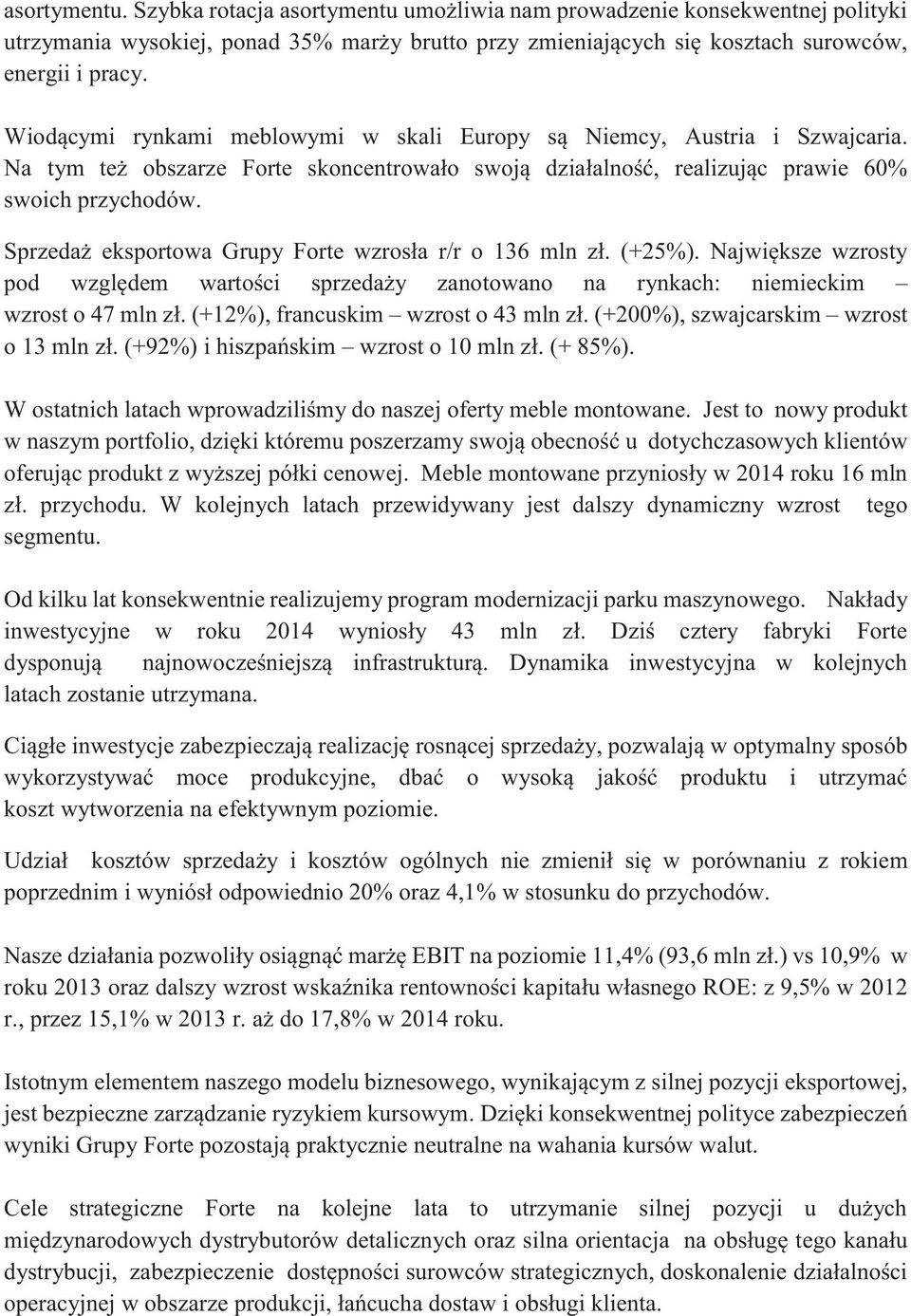 Sprzedaż eksportowa Grupy Forte wzrosła r/r o 136 mln zł. (+25%). Największe wzrosty pod względem wartości sprzedaży zanotowano na rynkach: niemieckim wzrost o 47 mln zł.
