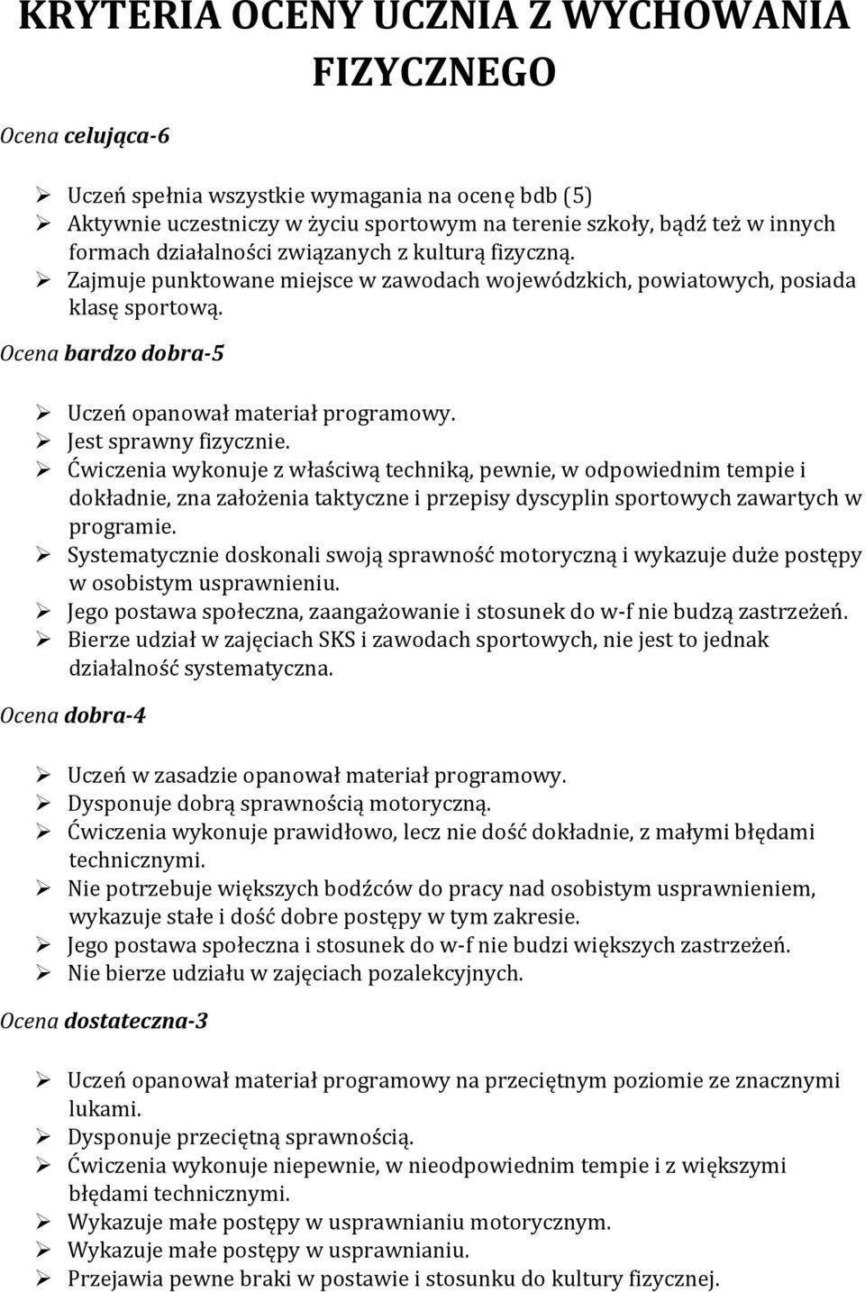Jest sprawny fizycznie. Ćwiczenia wykonuje z właściwą techniką, pewnie, w odpowiednim tempie i dokładnie, zna założenia taktyczne i przepisy dyscyplin sportowych zawartych w programie.