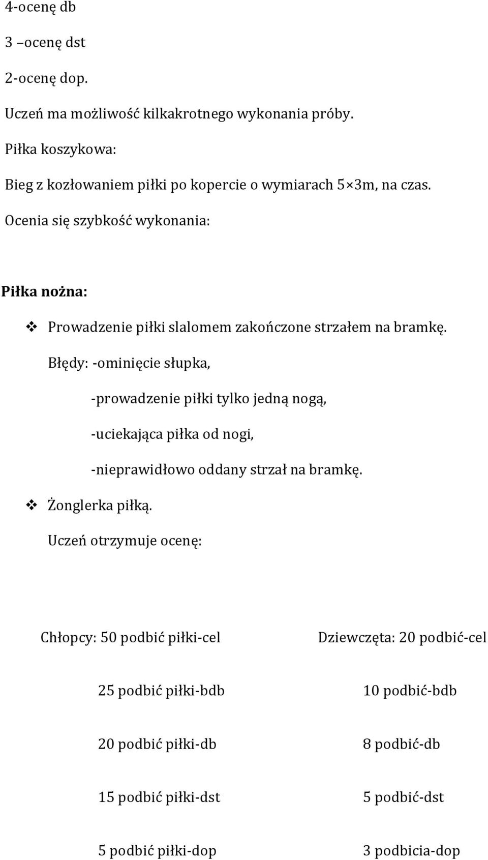 Ocenia się szybkość wykonania: Piłka nożna: v Prowadzenie piłki slalomem zakończone strzałem na bramkę.