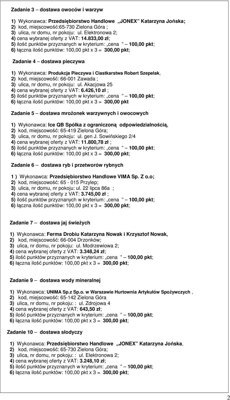 833,00 zł; Zadanie 4 dostawa pieczywa 1) Wykonawca: Produkcja Pieczywa i Ciastkarstwa Robert Szepelak, 2) kod, miejscowość: 66-001 Zawada ; 3) ulica, nr domu, nr pokoju: ul.