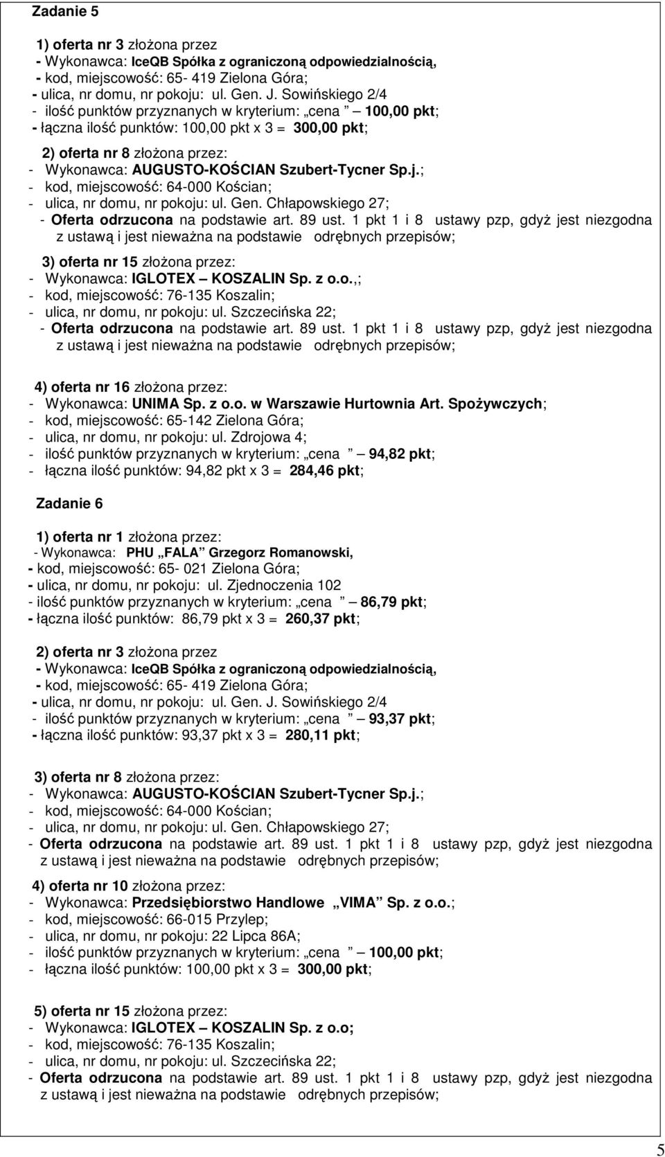 Chłapowskiego 27; 3) oferta nr 15 złożona przez: - Wykonawca: IGLOTEX KOSZALIN Sp. z o.o.,; - kod, miejscowość: 76-135 Koszalin; - ulica, nr domu, nr pokoju: ul.