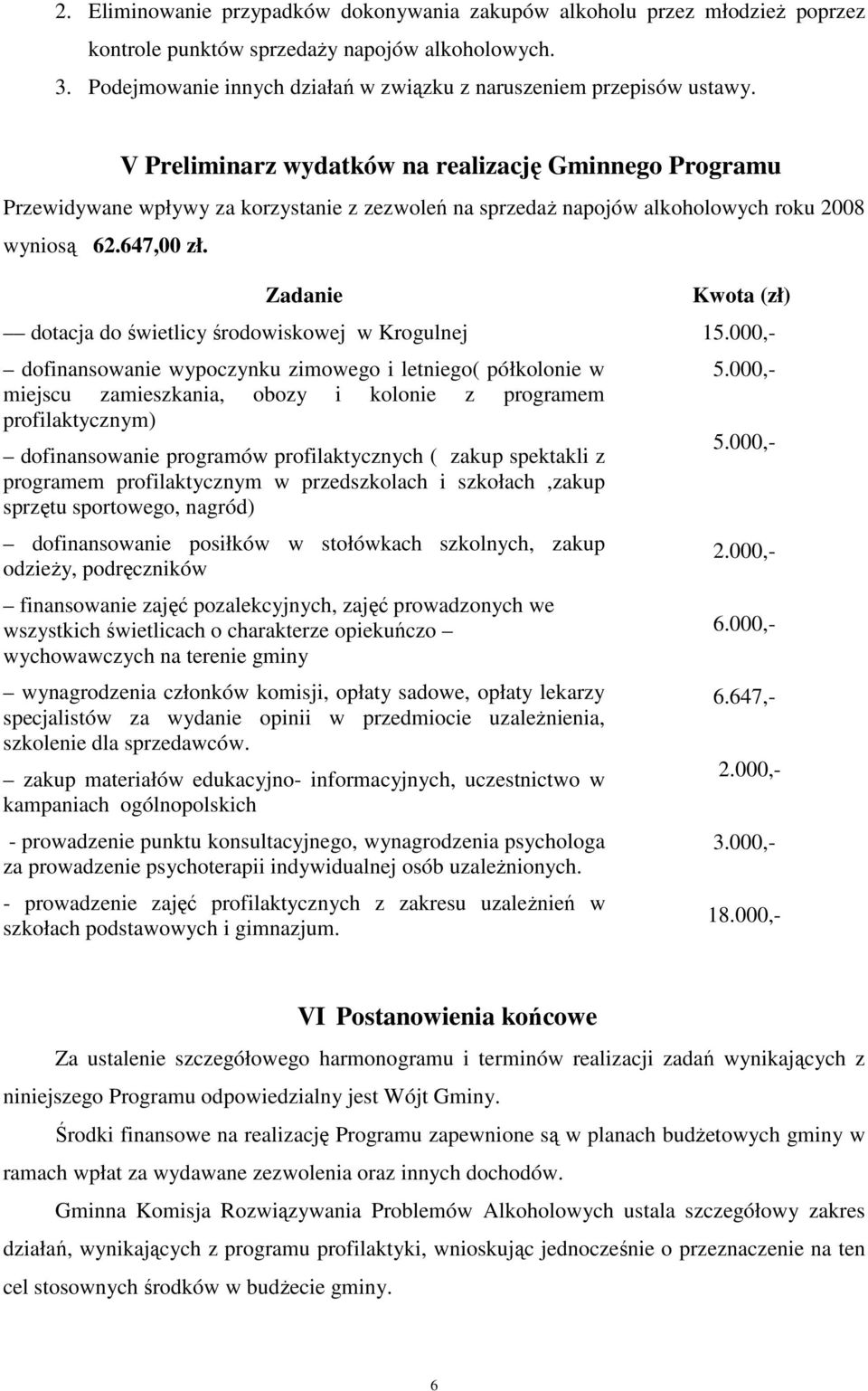 Zadanie dotacja do świetlicy środowiskowej w Krogulnej dofinansowanie wypoczynku zimowego i letniego( półkolonie w miejscu zamieszkania, obozy i kolonie z programem profilaktycznym) dofinansowanie