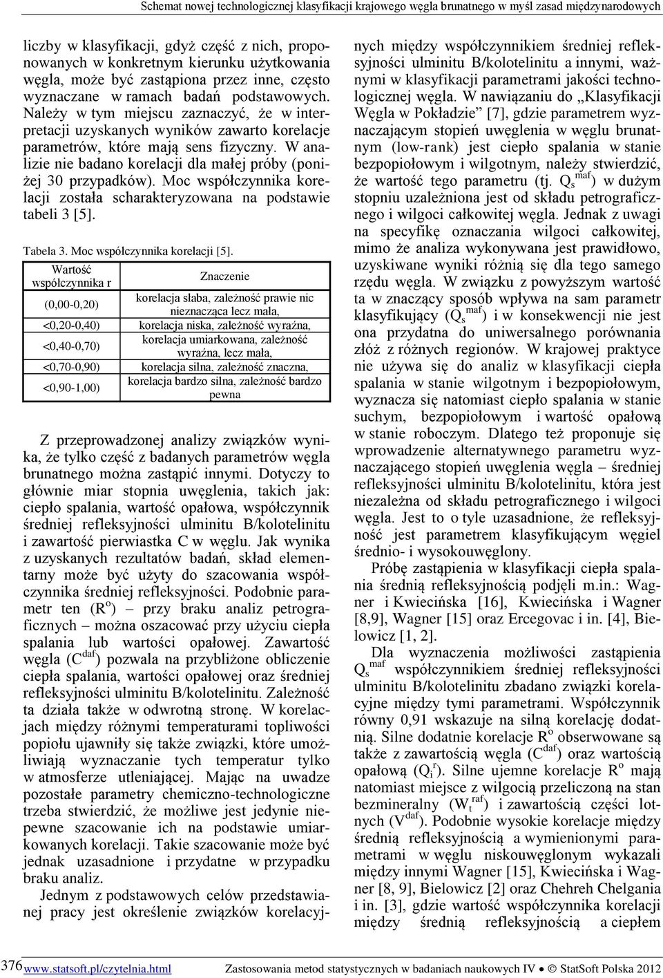 Moc współczynnika korelacji została scharakteryzowana na podstawie tabeli 3 [5]. Tabela 3. Moc współczynnika korelacji [5].