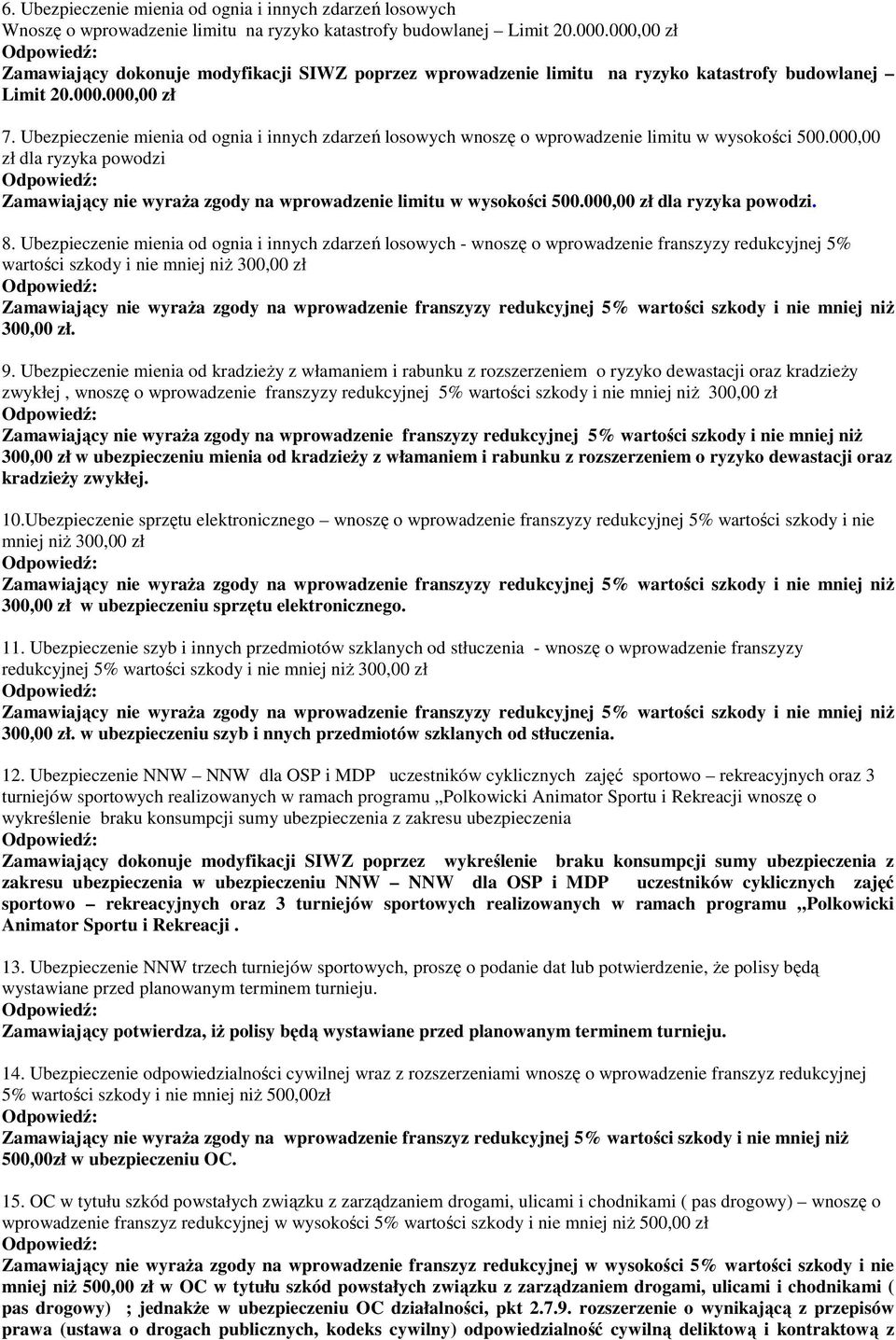 Ubezpieczenie mienia od ognia i innych zdarzeń losowych wnoszę o wprowadzenie limitu w wysokości 500.000,00 zł dla ryzyka powodzi Zamawiający nie wyraŝa zgody na wprowadzenie limitu w wysokości 500.