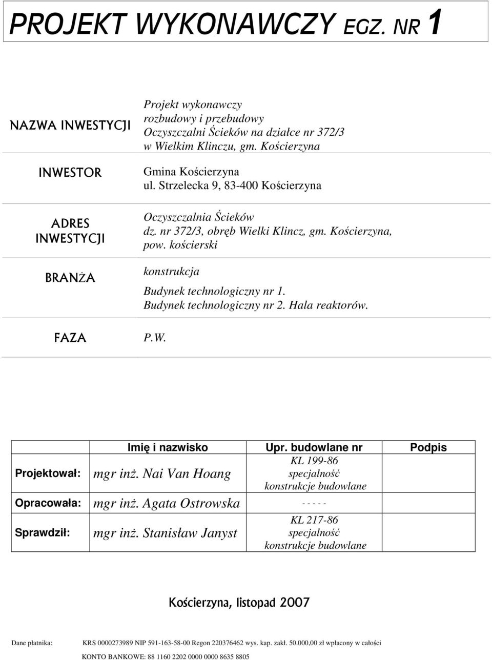 Budynek technologiczny nr 2. Hala reaktorów. P.W. Projektował: Imię i nazwisko Upr. budowlane nr Podpis KL 199-86 specjalność konstrukcje budowlane mgr inŝ. Nai Van Hoang Opracowała: mgr inŝ.