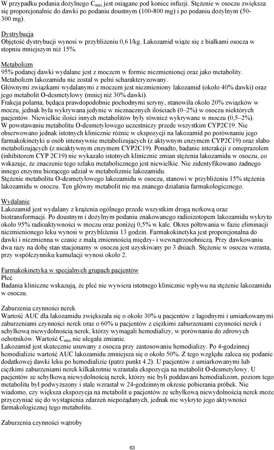 Metabolizm 95% podanej dawki wydalane jest z moczem w formie niezmienionej oraz jako metabolity. Metabolizm lakozamidu nie został w pełni scharakteryzowany.