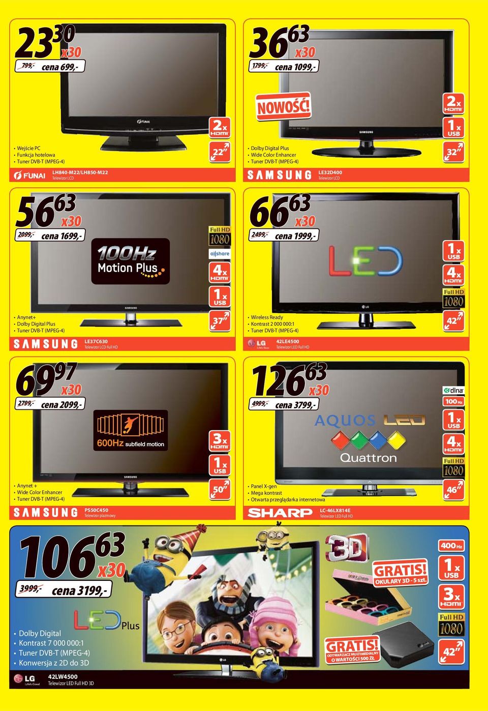 Dolby Digital Plus 37 Wireless Ready Kontrast 2 000 000:1 42 69 97 69 2799 cena 2099 LE37C630 Telewizor LCD Full HD 42LE4500 Telewizor LED Full HD 126 63 4999 cena 3799 0 Hz 3 x 4 x nynet +