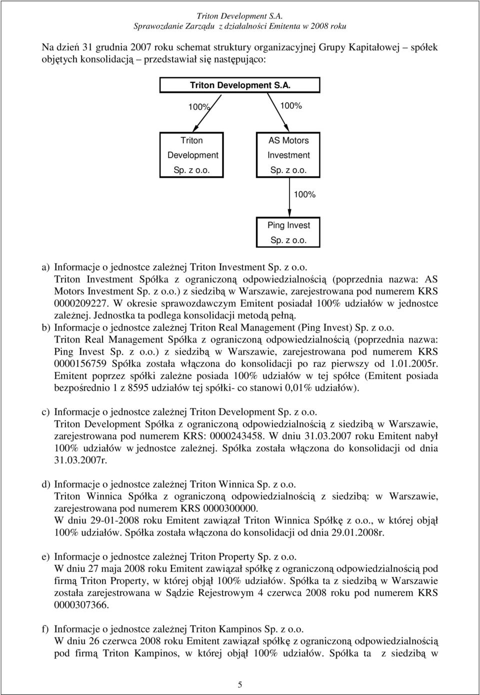 z o.o.) z siedzibą w Warszawie, zarejestrowana pod numerem KRS 0000209227. W okresie sprawozdawczym Emitent posiadał 100% udziałów w jednostce zaleŝnej. Jednostka ta podlega konsolidacji metodą pełną.