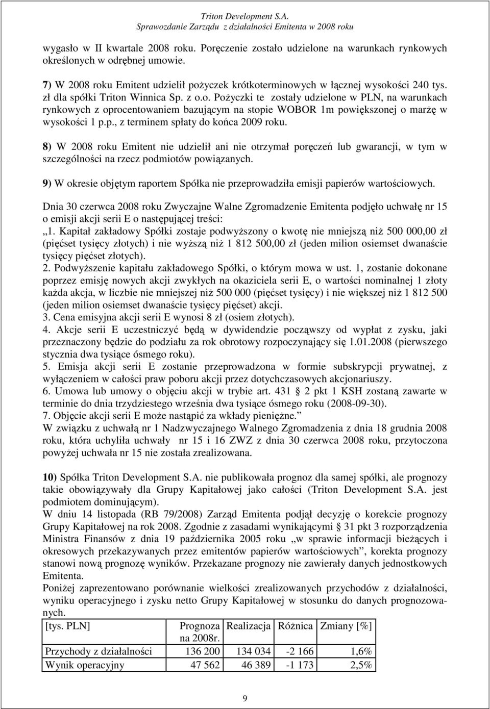p., z terminem spłaty do końca 2009 roku. 8) W 2008 roku Emitent nie udzielił ani nie otrzymał poręczeń lub gwarancji, w tym w szczególności na rzecz podmiotów powiązanych.