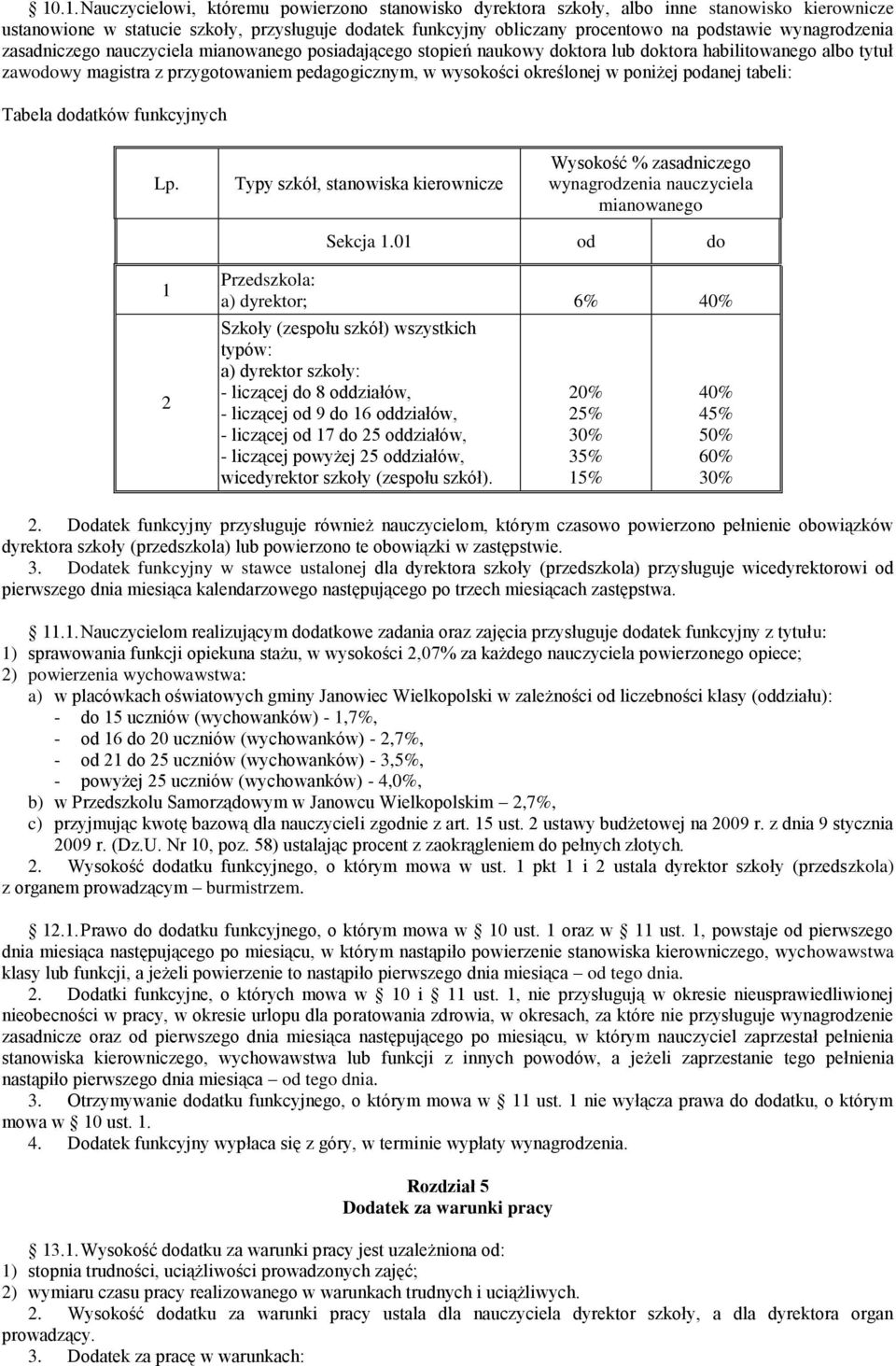 w poniżej podanej tabeli: Tabela dodatków funkcyjnych Lp. Typy szkół, stanowiska kierownicze Wysokość % zasadniczego wynagrodzenia nauczyciela mianowanego 1 2 Sekcja 1.