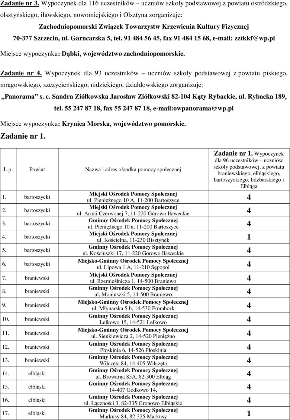 Kultury Fizycznej 70-377 Szczecin, ul. Garncarska, tel. 91 8 6, fax 91 8 1 68, e-mail: zztkkf@wp.pl Miejsce wypoczynku: Dąbki, województwo zachodniopomorskie. Zadanie nr.