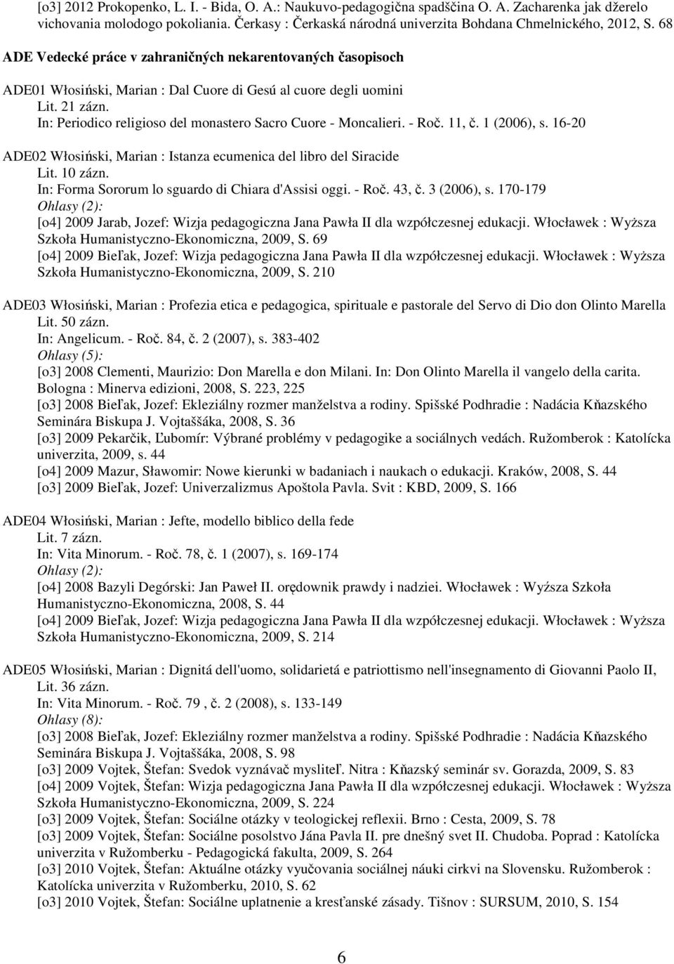 68 ADE Vedecké práce v zahraničných nekarentovaných časopisoch ADE01 Włosiński, Marian : Dal Cuore di Gesú al cuore degli uomini Lit. 21 zázn.