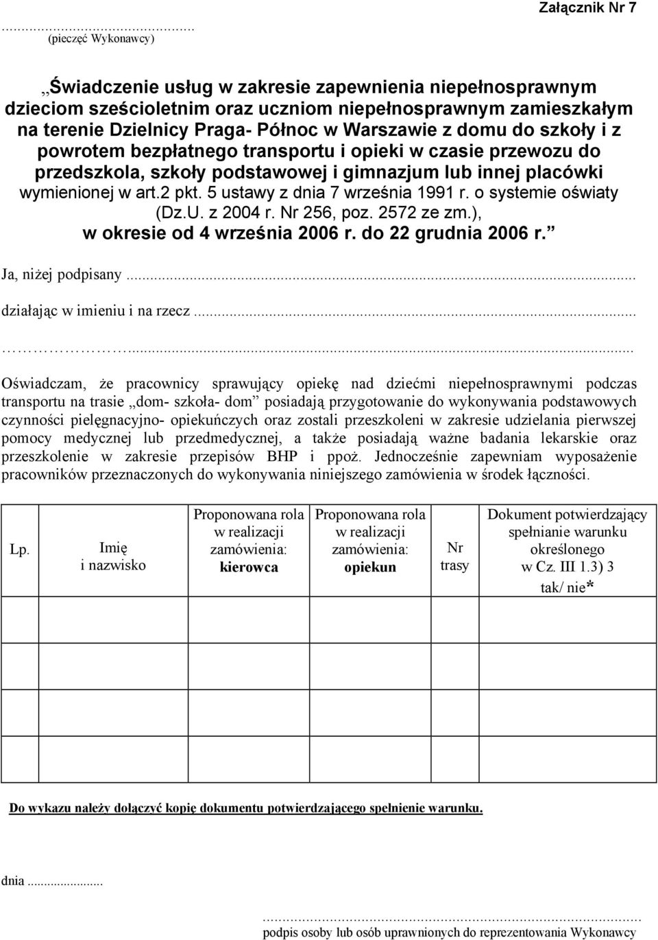 przepisów BHP i ppoż. Jednocześnie zapewniam wyposażenie pracowników przeznaczonych do wykonywania niniejszego zamówienia w środek łączności. Lp.