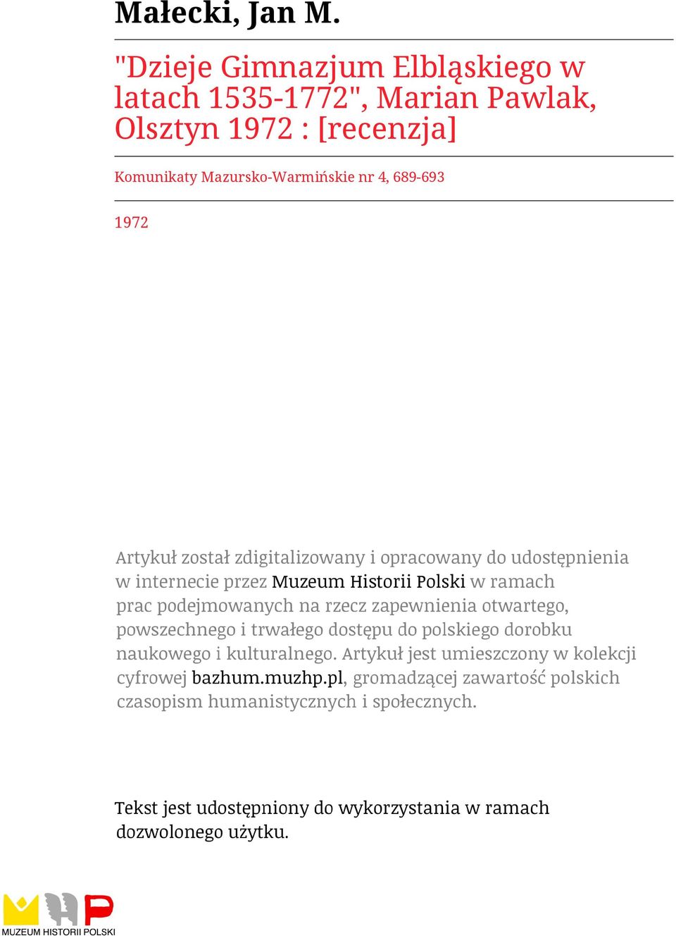 1535-1772", Marian Pawlak, Olsztyn 1972