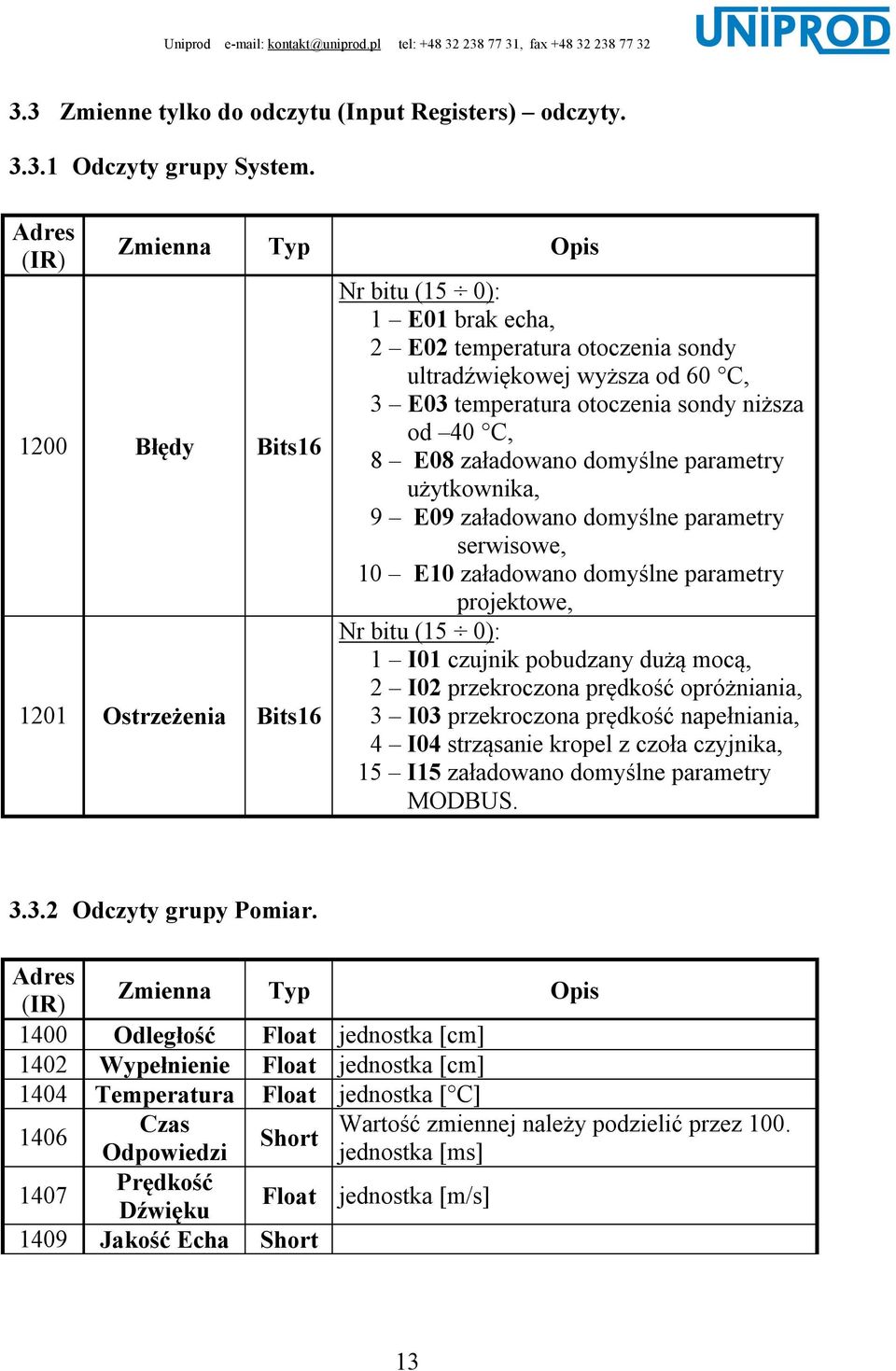 niższa od 40 C, 8 E08 załadowano domyślne parametry użytkownika, 9 E09 załadowano domyślne parametry serwisowe, 10 E10 załadowano domyślne parametry projektowe, Nr bitu (15 0): 1 I01 czujnik