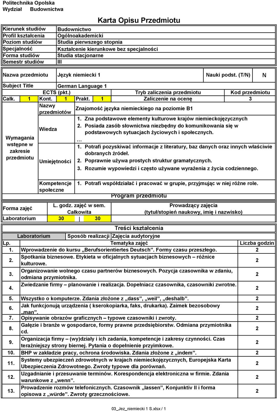 ) Tryb zaliczenia przedmiotu Kod przedmiotu Całk. Kont. Prakt. Zaliczenie na ocenę 3 Nazwy Znajomość języka niemieckiego na poziomie B przedmiotów Wymagania wstępne w zakresie przedmiotu. L. godz.