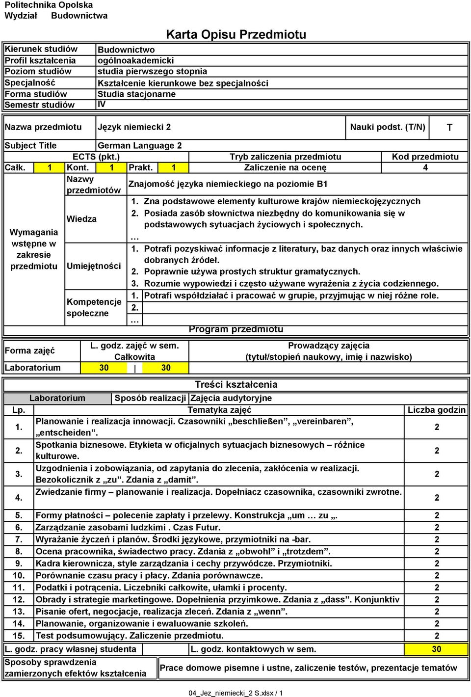 ) Tryb zaliczenia przedmiotu Kod przedmiotu Całk. Kont. Prakt. Zaliczenie na ocenę 4 Nazwy Znajomość języka niemieckiego na poziomie B przedmiotów Wymagania wstępne w zakresie przedmiotu... L. godz.