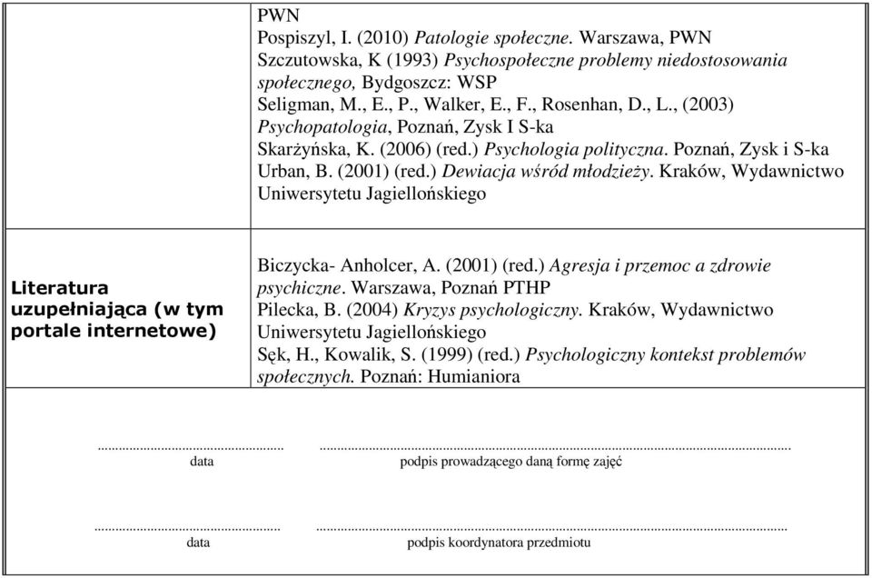 Kraków, Wydawnictwo Uniwersytetu Jagiellońskiego Literatura uzupełniająca (w tym portale internetowe) Biczycka- Anholcer, A. (2001) (red.) Agresja i przemoc a zdrowie psychiczne.