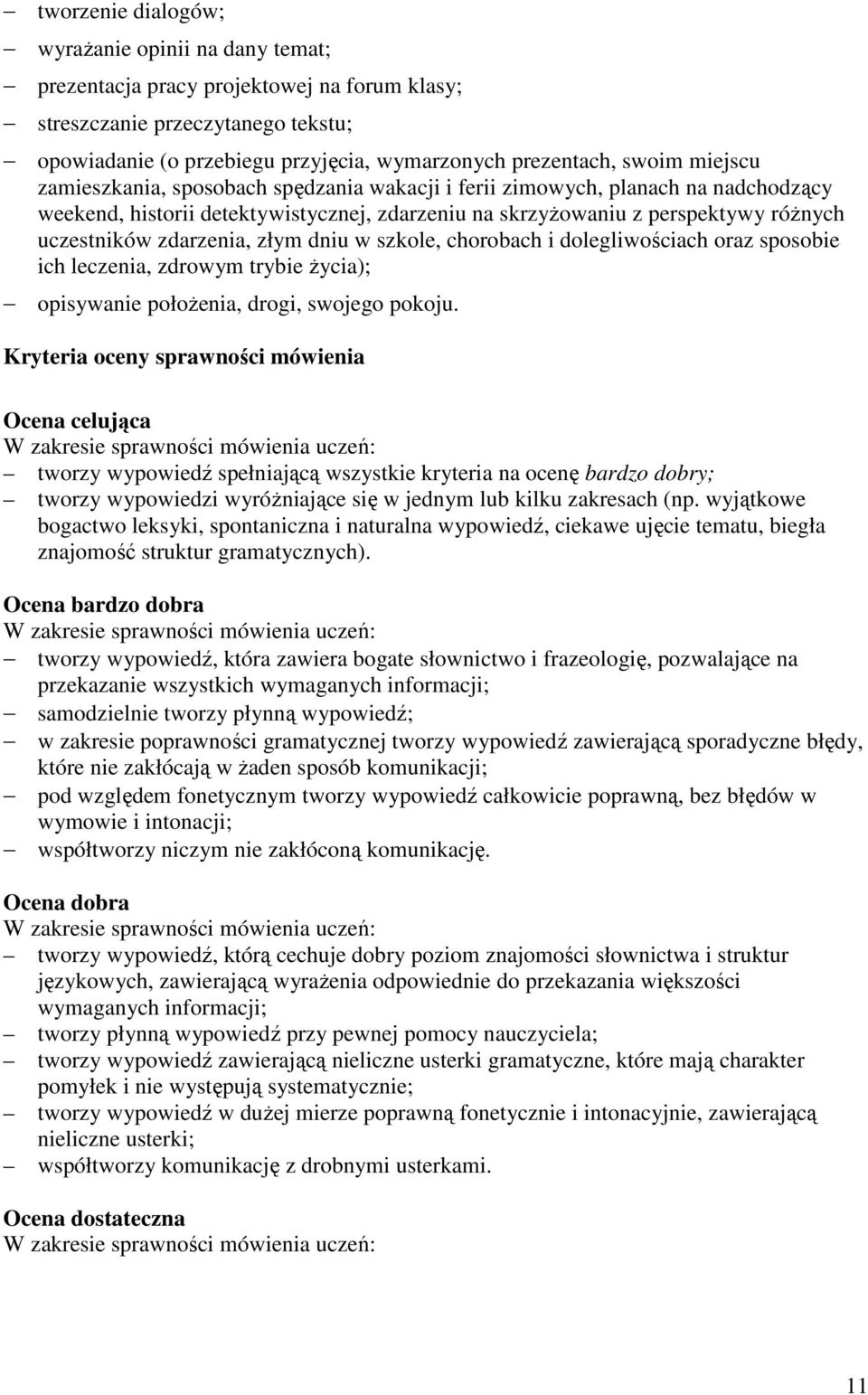złym dniu w szkole, chorobach i dolegliwościach oraz sposobie ich leczenia, zdrowym trybie życia); opisywanie położenia, drogi, swojego pokoju.