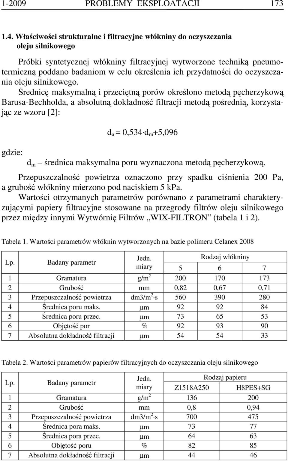 przydatności do oczyszczania oleju silnikowego.