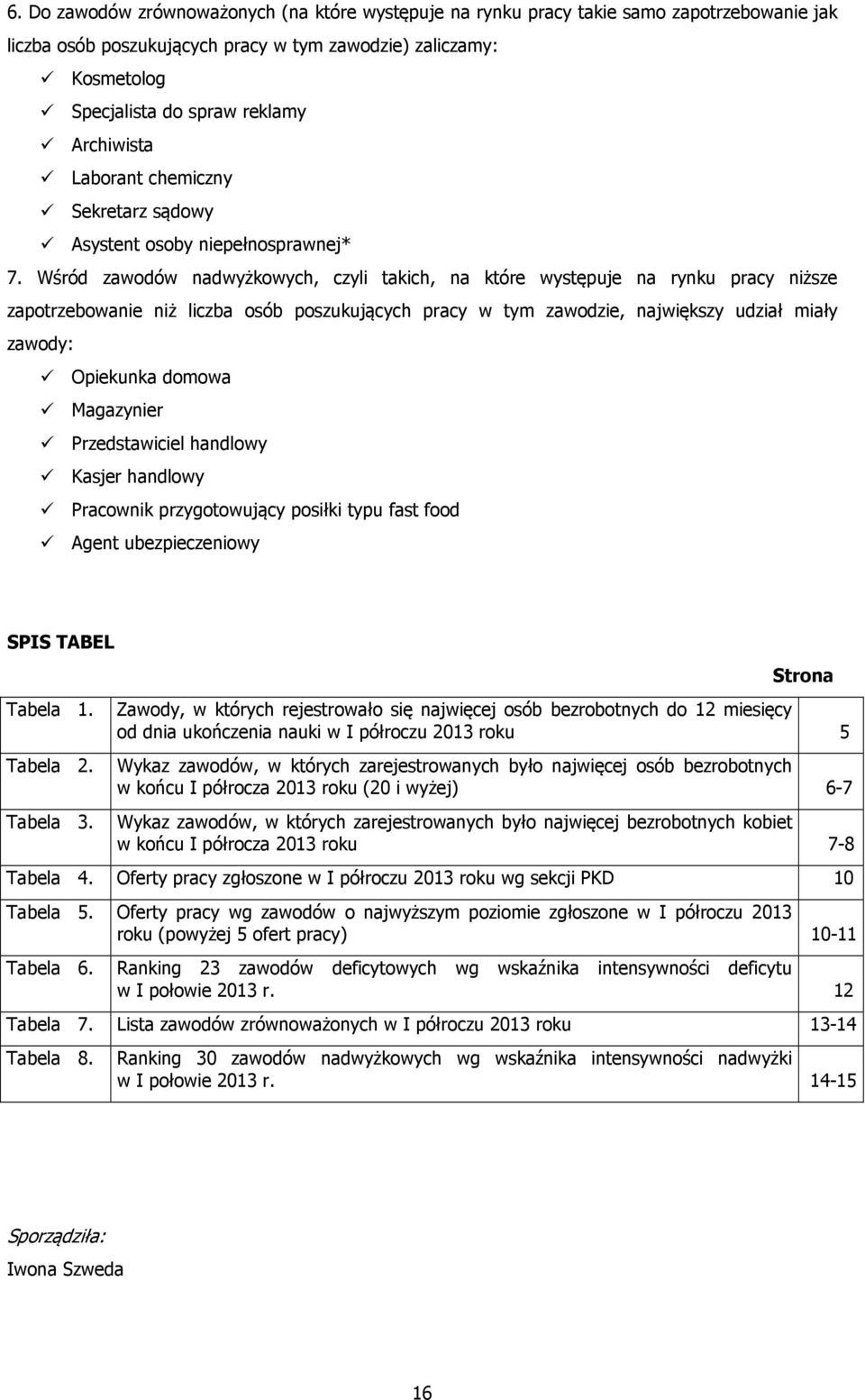 Wśród zawodów nadwyżkowych, czyli takich, na które występuje na rynku pracy niższe zapotrzebowanie niż liczba osób poszukujących pracy w tym zawodzie, największy udział miały zawody: Opiekunka domowa