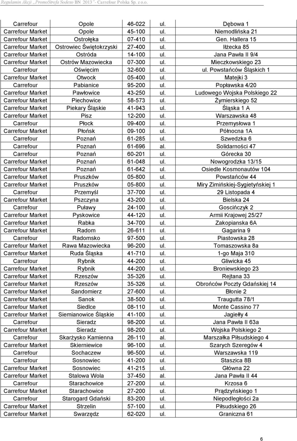 Matejki 3 Carrefour Pabianice 95-200 ul. Popławska 4/20 Carrefour Market Pawłowice 43-250 ul. Ludowego Wojska Polskiego 22 Carrefour Market Piechowice 58-573 ul.