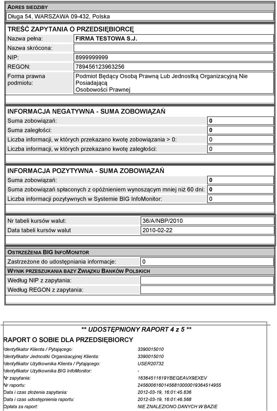 kursów walut: 36/A/NBP/2010 Data tabeli kursów walut 2010-02-22 OSTRZEŻENIA BIG INFOMONITOR Zastrzeżone do udostępniania informacje: 0 WYNIK PRZESZUKANIA BAZY ZWIĄZKU BANKÓW POLSKICH Według NIP z