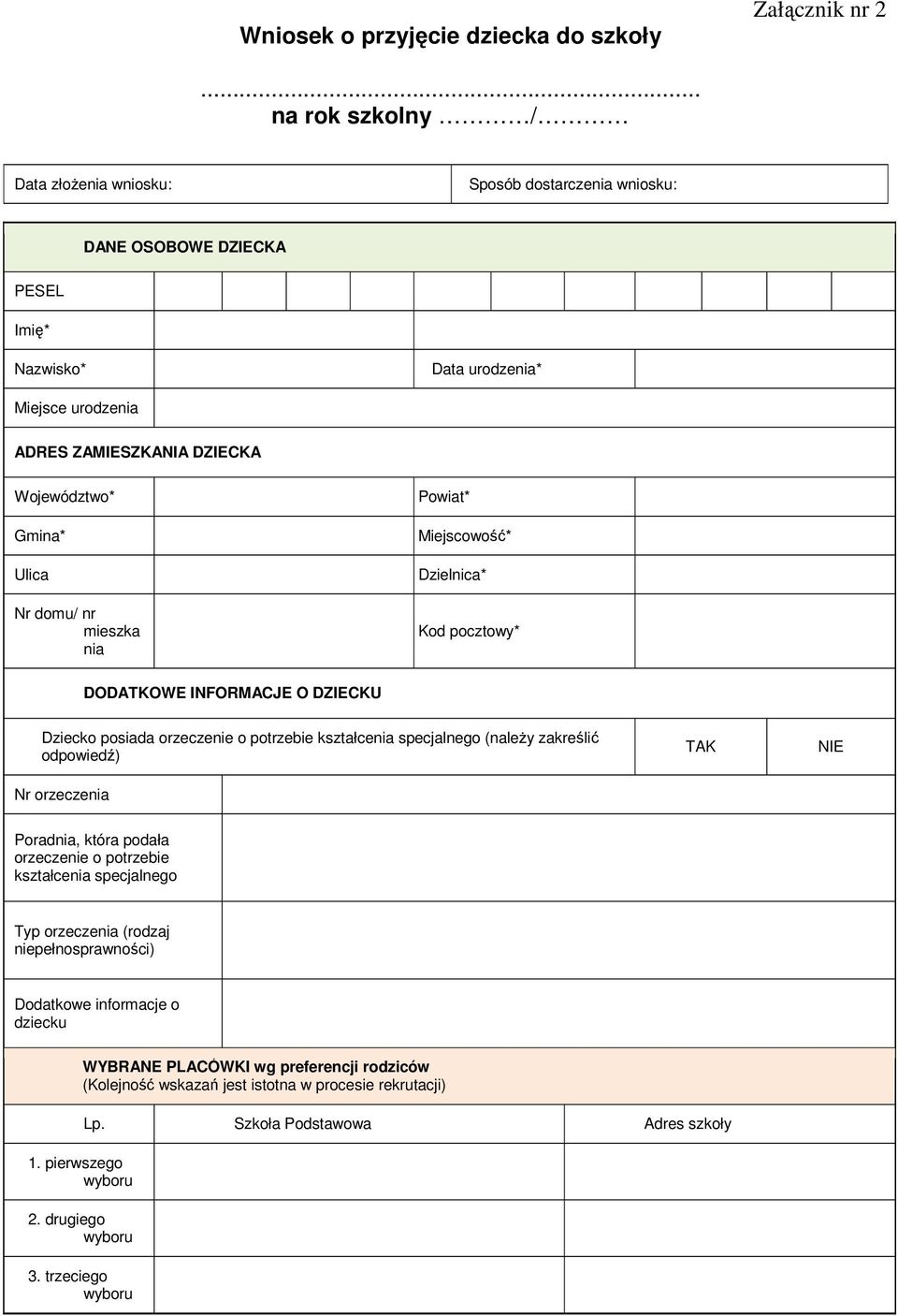 Ulica Nr domu/ nr mieszka nia Powiat* Miejscowość* Dzielnica* Kod pocztowy* DODATKOWE INFORMACJE O DZIECKU Dziecko posiada orzeczenie o potrzebie kształcenia specjalnego (należy zakreślić odpowiedź)