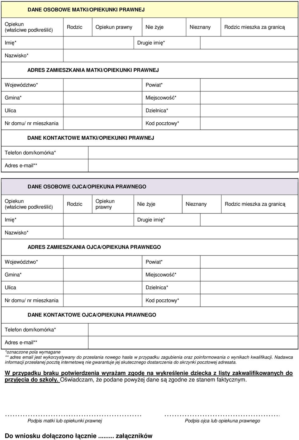 OJCA/OPIEKUNA PRAWNEGO Opiekun (właściwe podkreślić) Rodzic Opiekun prawny Nie żyje Nieznany Rodzic mieszka za granicą Imię* Drugie imię* Nazwisko* ADRES ZAMIESZKANIA OJCA/OPIEKUNA PRAWNEGO
