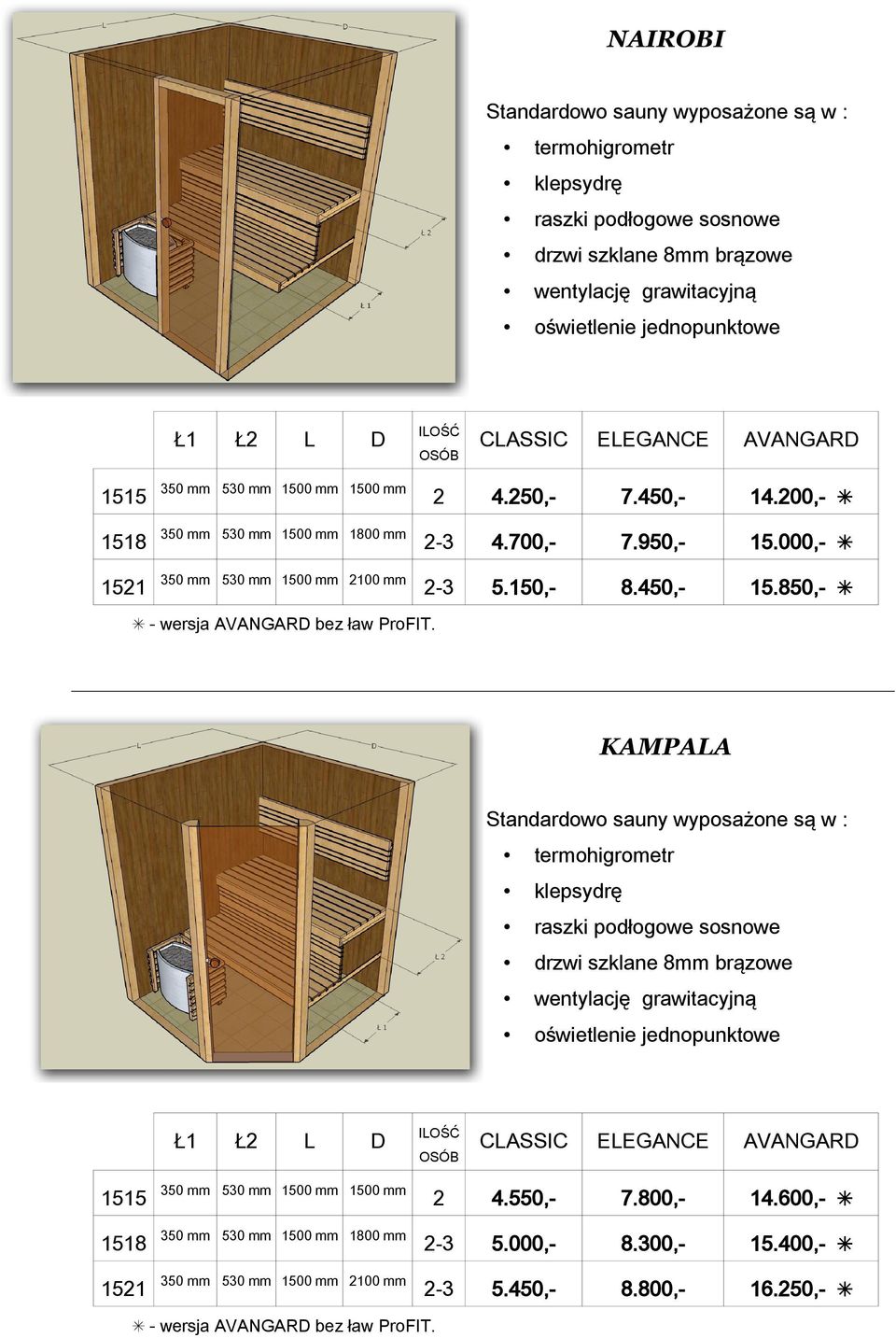 850,- - wersja AVANGAR bez ław ProFIT. KAMPAA Ł CASSIC EEGANCE AVANGAR 1515 350 mm 1500 mm 1500 mm 4.