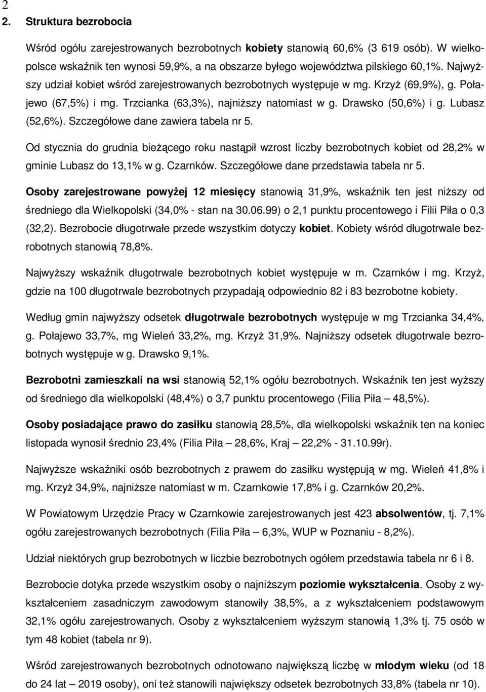 Szczegółowe dane zawiera tabela nr 5. Od stycznia do grudnia bieżącego roku nastąpił wzrost liczby bezrobotnych kobiet od 28,2% w gminie Lubasz do 13,1% w g. Czarnków.