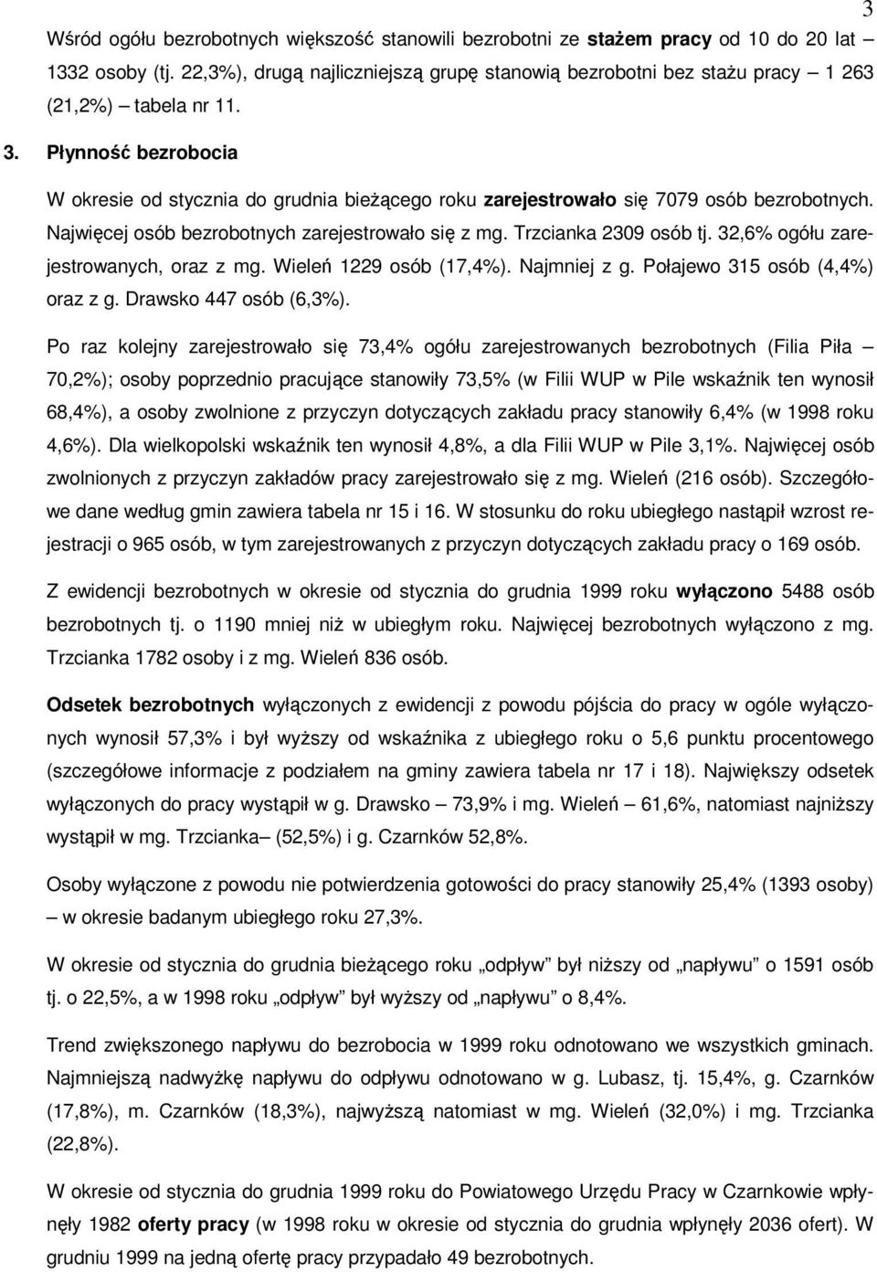 Płynność bezrobocia W okresie od stycznia do grudnia bieżącego roku zarejestrowało się 7079 osób bezrobotnych. Najwięcej osób bezrobotnych zarejestrowało się z mg. Trzcianka 2309 osób tj.