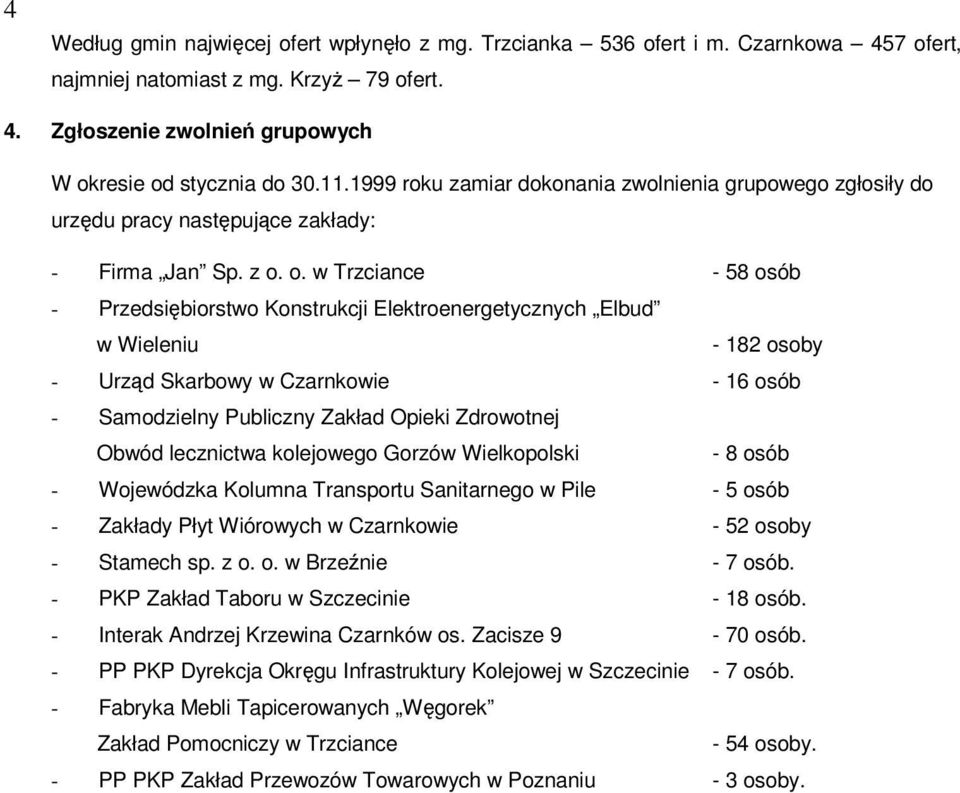 o. w Trzciance - 58 osób - Przedsiębiorstwo Konstrukcji Elektroenergetycznych Elbud w Wieleniu - 182 osoby - Urząd Skarbowy w Czarnkowie - 16 osób - Samodzielny Publiczny Zakład Opieki Zdrowotnej