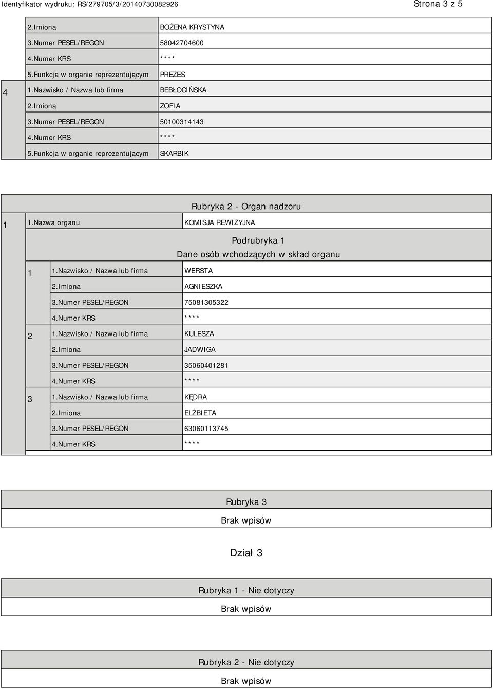 Nazwa organu KOMISJA REWIZYJNA Podrubryka 1 Dane osób wchodzących w skład organu 1 1.Nazwisko / Nazwa lub firma WERSTA AGNIESZKA 3.