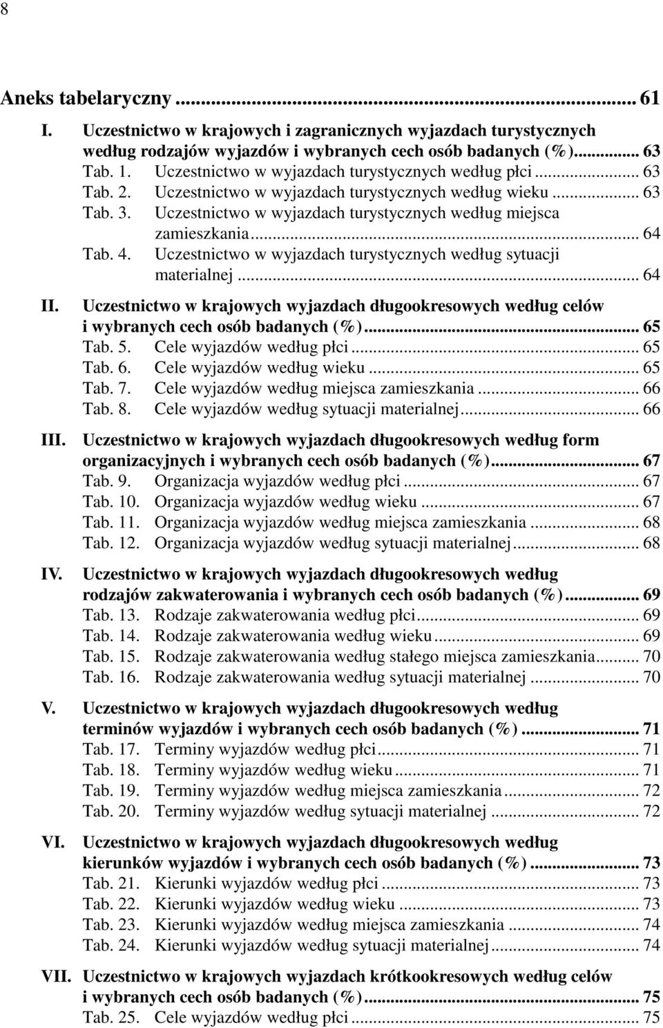 Uczestnictwo w wyjazdach turystycznych według wieku... 63 Tab. 3. Uczestnictwo w wyjazdach turystycznych według miejsca zamieszkania... 64 Tab. 4.