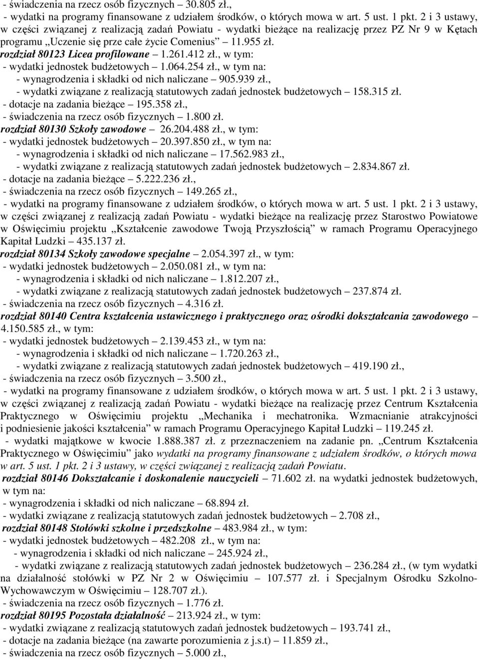 rozdział 80123 Licea profilowane 1.261.412 zł., w tym: - wydatki jednostek budżetowych 1.064.254 zł., w tym na: - wynagrodzenia i składki od nich naliczane 905.939 zł.